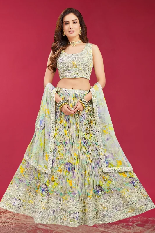 Pista Green Multicolor Digital Print, Sequins and Thread work Crop Top Lehenga