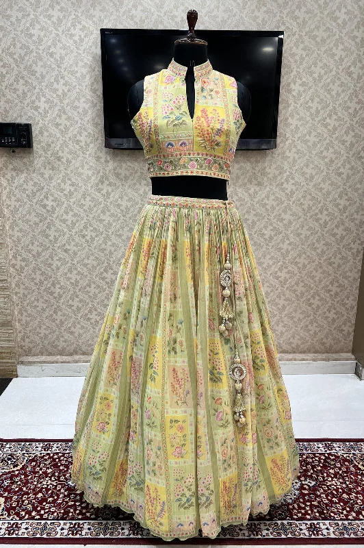 Pista Green Multicolor Embroidery work with Digital Print Crop Top Lehenga