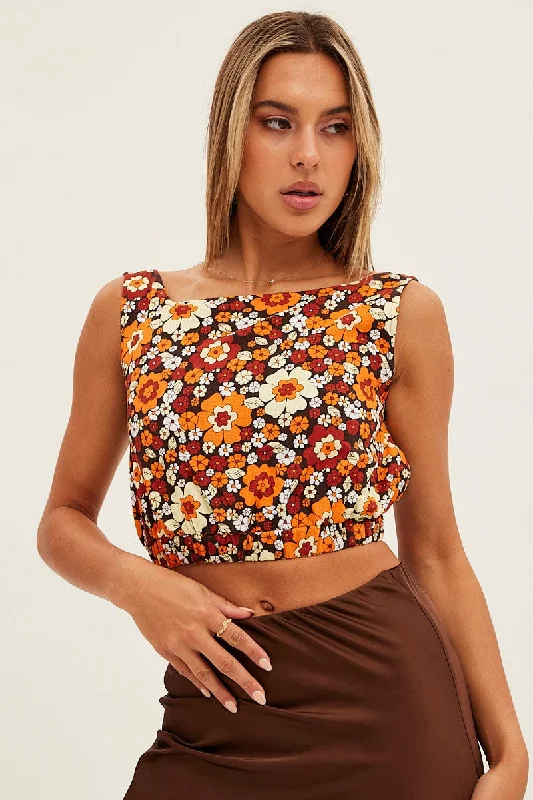 Print Crop Top Linen Blend