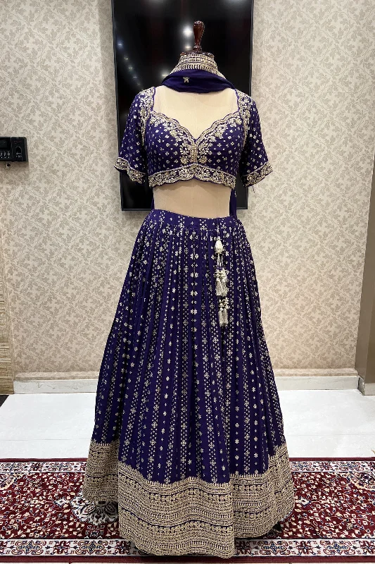 Purple Banaras, Sequins, Beads and Zari work Crop Top Lehenga