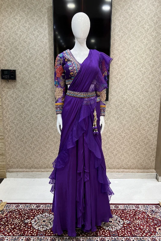 Purple Beads, Pearl, Zardozi, Thread and Sequins work Drape Style Crop Top Lehenga