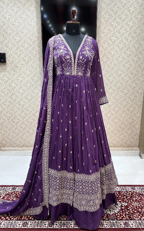 Purple Beads, Zari and Sequins work Mastani Styled Long Top Lehenga