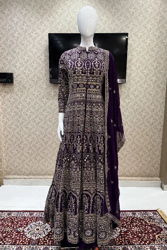 Purple Chickankari, Mirror and Sequins work Mastani Styled Long Top Lehenga