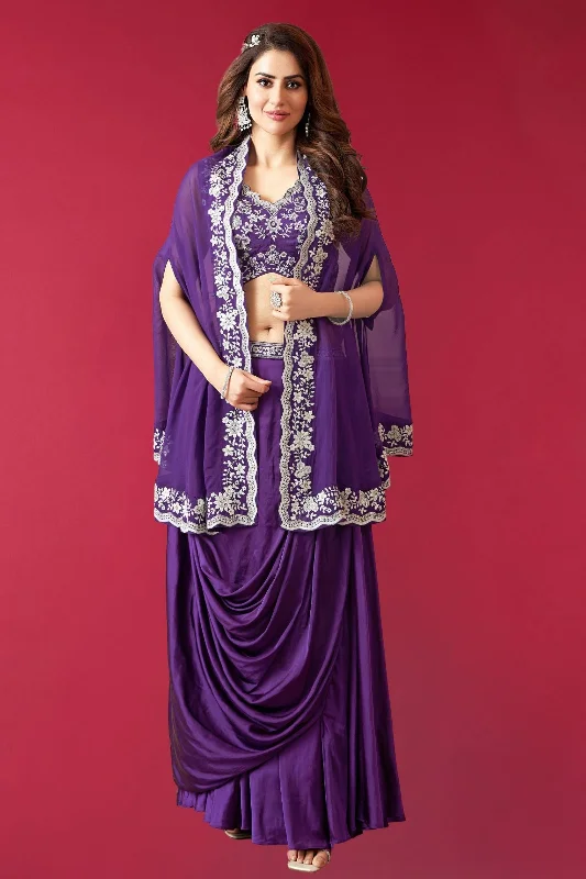 Purple Embroidery, Beads and Sequins work Shrug Styled Cowl Lehenga with Crop Top