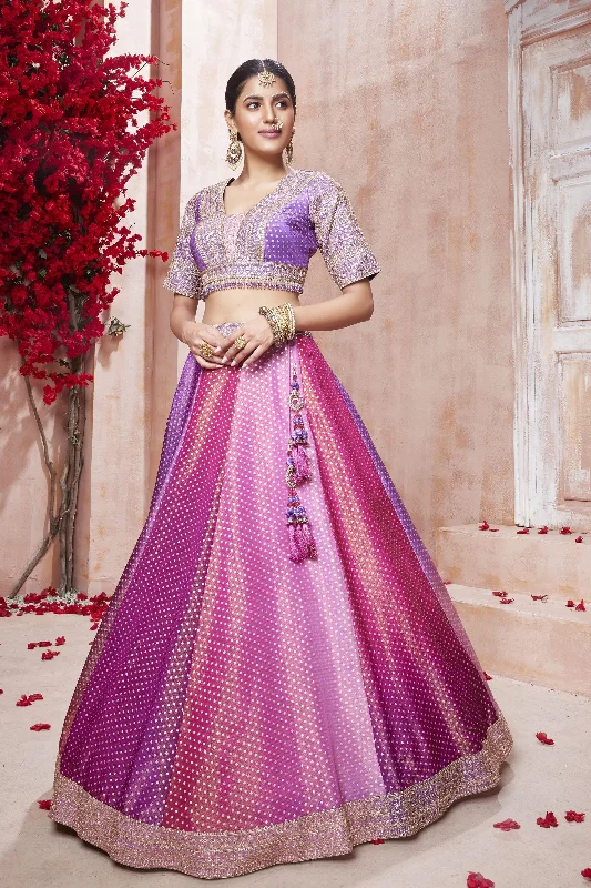 Purple with Magenta Banaras, Sequins and Zari work Crop Top Lehenga