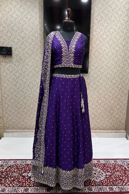 Purple Zari and Sequins work Crop Top Lehenga