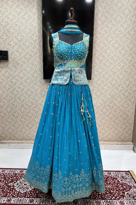 Rama Blue Banaras, Stone, Sequins, Mirror, Zari and Zardozi work Peplum Style Lehenga