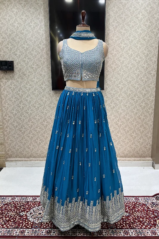 Rama Blue Zari and Sequins work Crop Top Lehenga