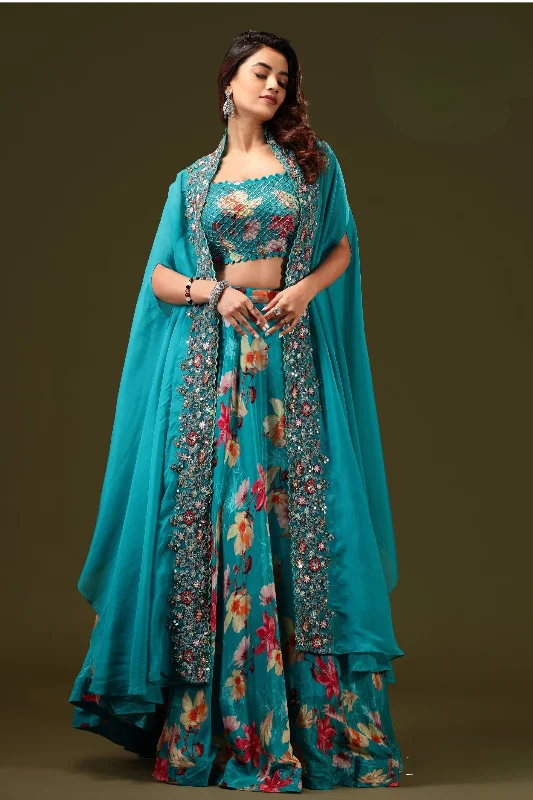 Rama Green Beads, Zari Thread and Mirror work Long Overcoat Styled Crop Top Lehenga