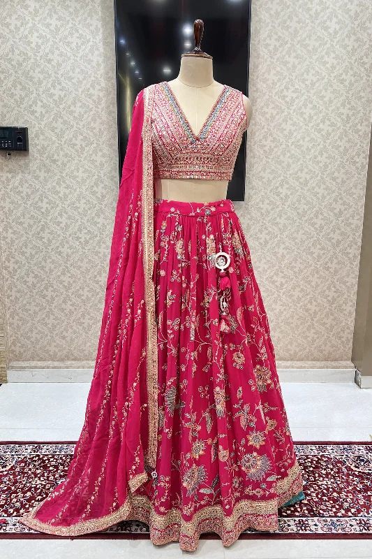 Rani Pink Sequins, Zari, Thread, Mirror and Beads work Crop Top Lehenga