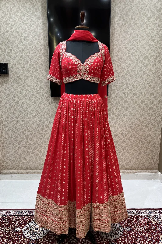 Red Banaras, Beads, Zardozi, Sequins and Zari work Crop Top Lehenga