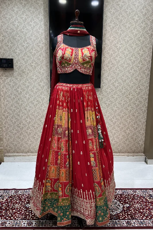 Red Banaras, Stone, Mirror, Thread and Sequins work Crop Top Lehenga