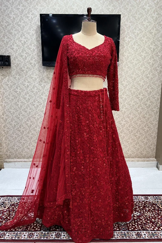 Red Embroidery, Sequins and Stone work Crop Top Lehenga