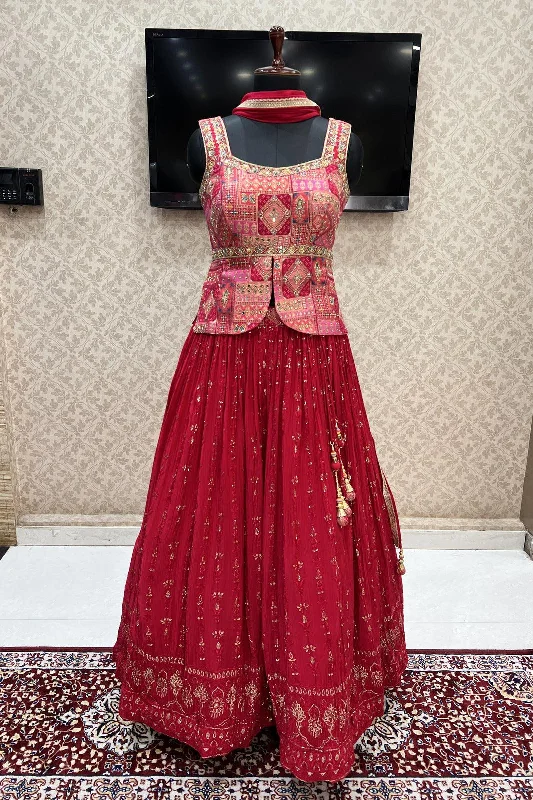 Red Mirror, Zardozi, Banaras and Beads work Peplum Style Lehenga