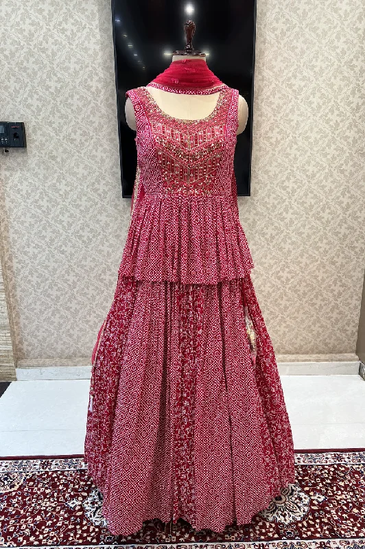 Red Printed, Mirror, Stone and Thread work Peplum Style Lehenga