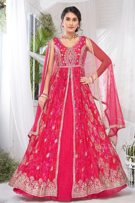 Red Zari and Sequins work with Digital Print Long Top Lehenga