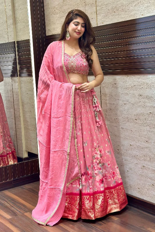 Rose Pink Mirror, Beads, Zari, Stone and Zardozi work with Digital Print Crop Top Lehenga