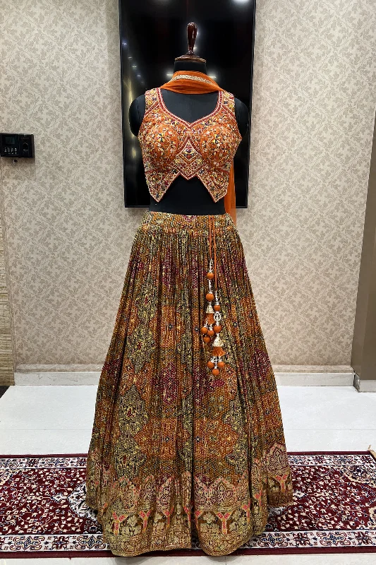 Rust Mirror, Sequins, Zari, Embroidery and Banaras work with Bandini Print Crop Top Lehenga