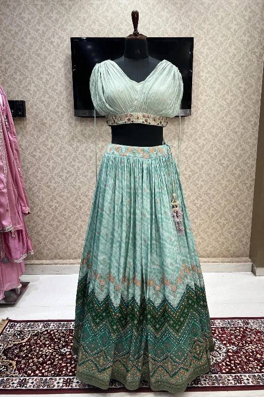 Sea Green Banaras, Sequins, Thread and Zari work with Bandini Print Poncho Styled Crop Top Lehenga