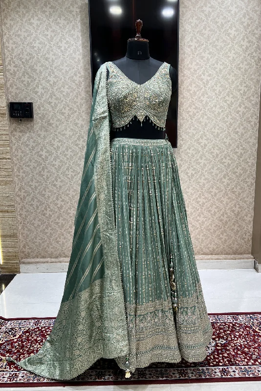 Sea Green Beads, Mirror, Sequins, Zari, Zardozi and Banaras work Crop Top Lehenga