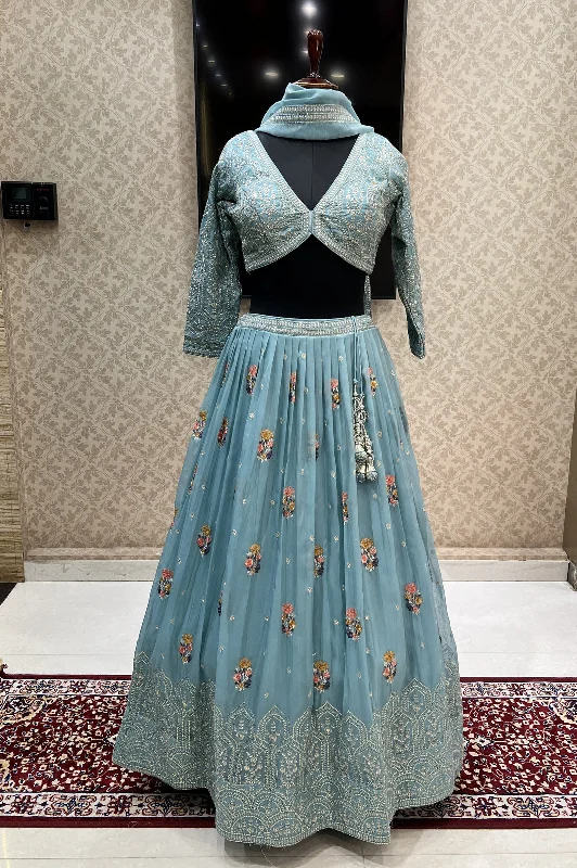 Sea Green Embroidery, Zari and Sequins work Crop Top Lehenga