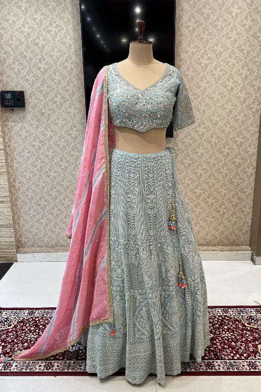 Sea Green Lucknowi Thread, Mirror, Beads and Zardozi work Crop Top Lehenga