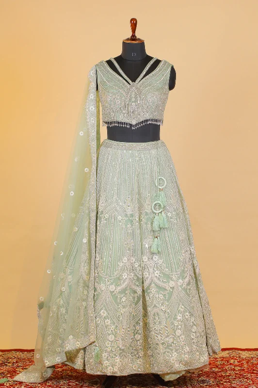 Sea Green Stone, Beads, Thread and Mirror work Crop Top Lehenga