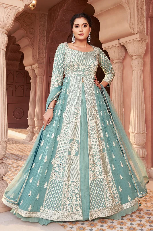 Sea Green Thread, Stone and Mirror work Long Top Lehenga