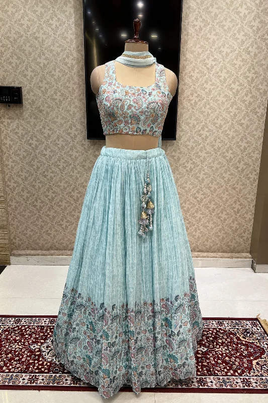 Sky Blue Zari and Mirror work with Digital Print Crop Top Lehenga