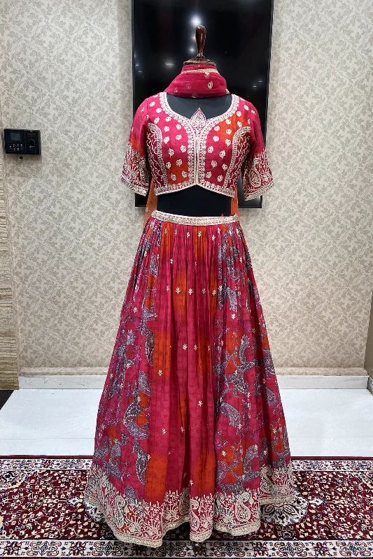 Tomato Red Sequins and Zari work with Digital Print Crop Top Lehenga