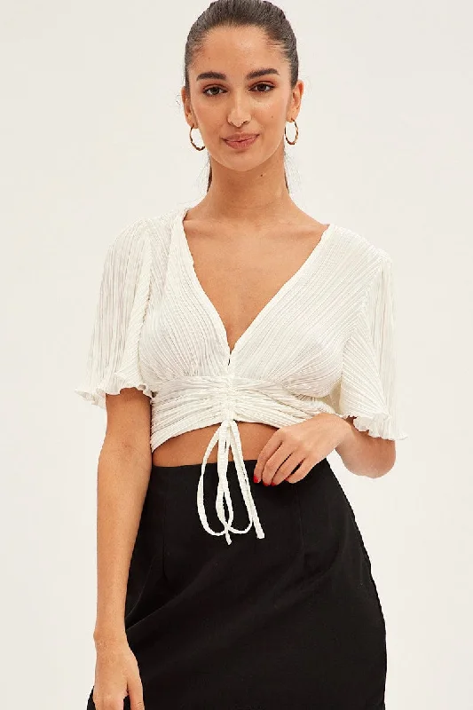 White Crop Top Short Sleeve Plisse Ruched Front