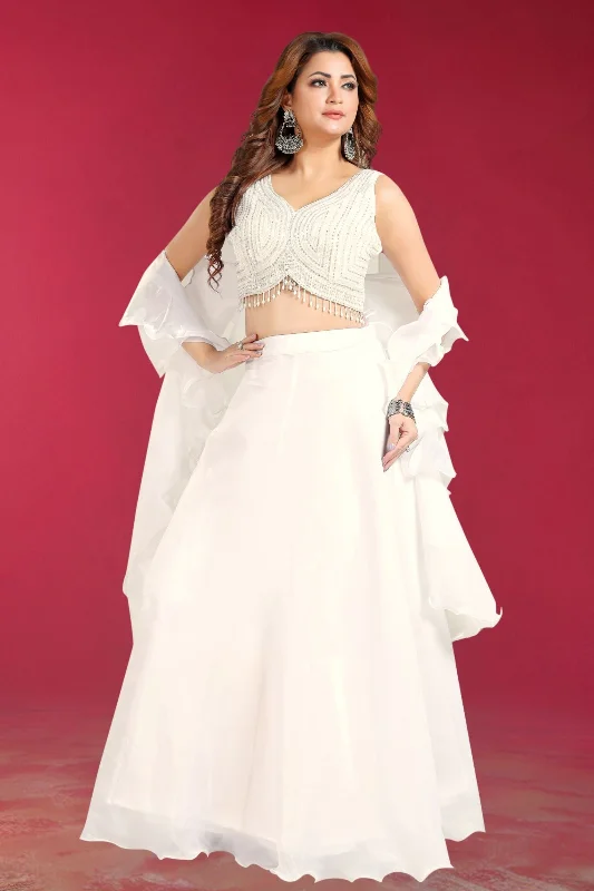 White Stone, Sequins, Beads and Pearl work Crop Top Lehenga