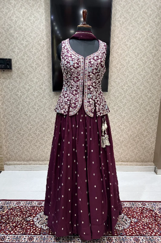 Wine Zari, Sequins and Thread work Peplum Style Lehenga