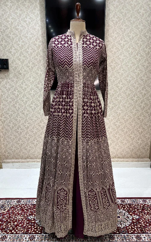 Wine Zari Thread and Sequins work Mastani Styled Long Top Lehenga