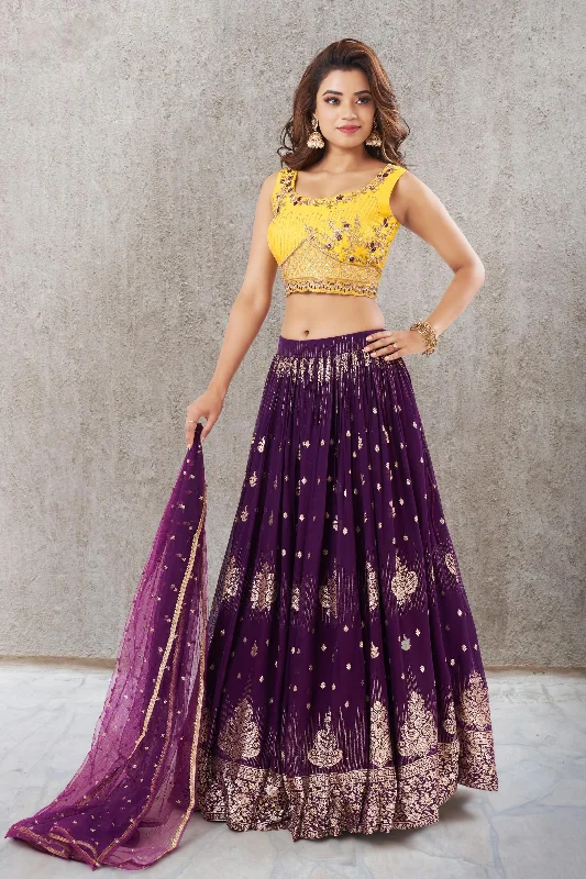 Yellow and Purple Pearl, Thread, Zardozi work with Banaras Print Crop Top Lehenga