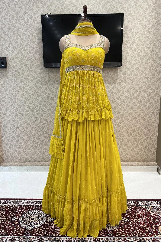 Yellow Beads, Thread, Sequins and Mirror work Peplum Style Lehenga