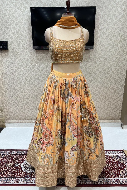 Yellow Kundan, Mirror, Zardozi, Sequins and Zari work with Digital Print Crop Top Lehenga