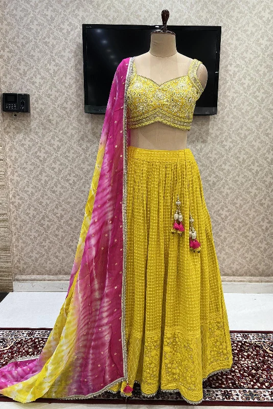 Yellow Sequins, Zari, Thread and Beads work Crop Top Lehenga with Tie and Dye Printed Dupatta