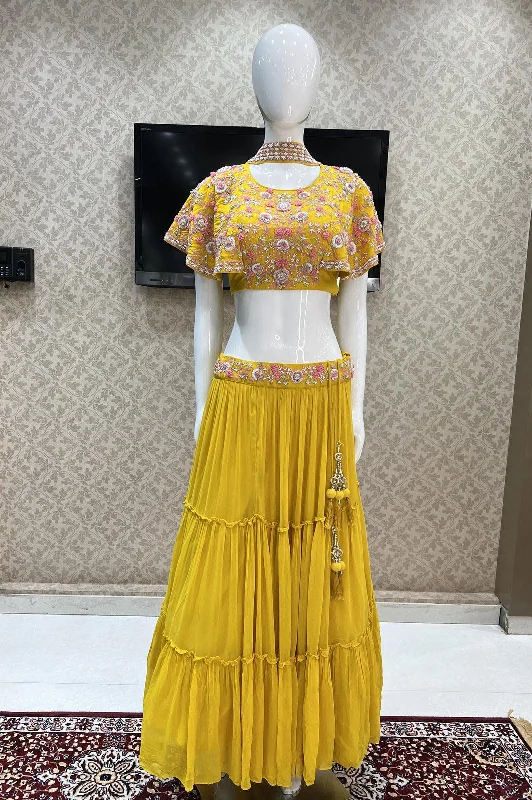 Yellow Thread, Pearl and Beads work Poncho Styled Crop Top Lehenga