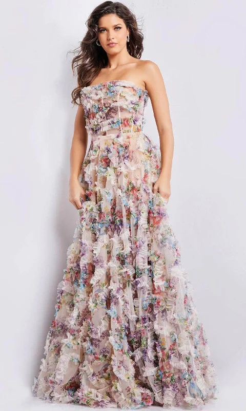 Jovani 38650 - Floral Print Ruffled A-line Gown